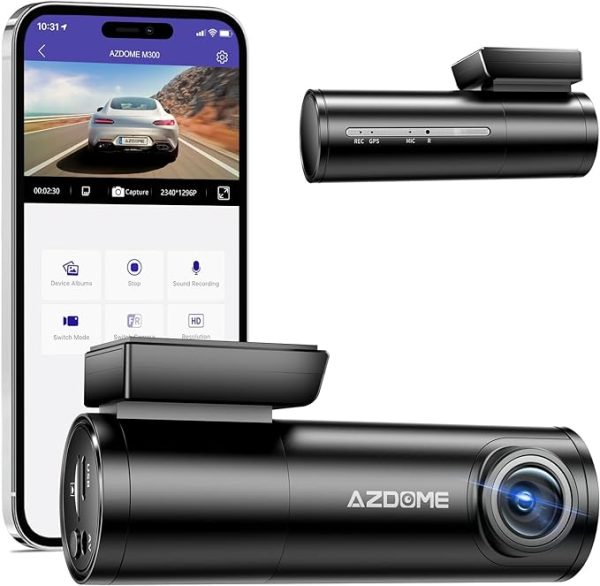 AZDOME M300 Dash Cam, Dashcam Front 1296P Camera with WiFi, Voice Control 24H Parking Mode G-Sensor Loop Recording Super Night Vision, Easy to Install, Max up Support to128GB