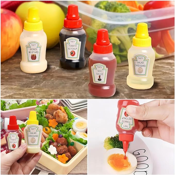 JIEREYAN 4PCS Mini Ketchup Bottles for Bento Box Accessories, Mini Condiment Bottles Plastic Bottles Containers Empty Ketchup and Syrup Dispenser- 25ml