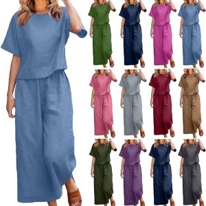 Summer Outfits for Women 2024 Trendy Two Piece Cotton Linen Sets Short Sleeve Tops Casual Matching Set with Pants