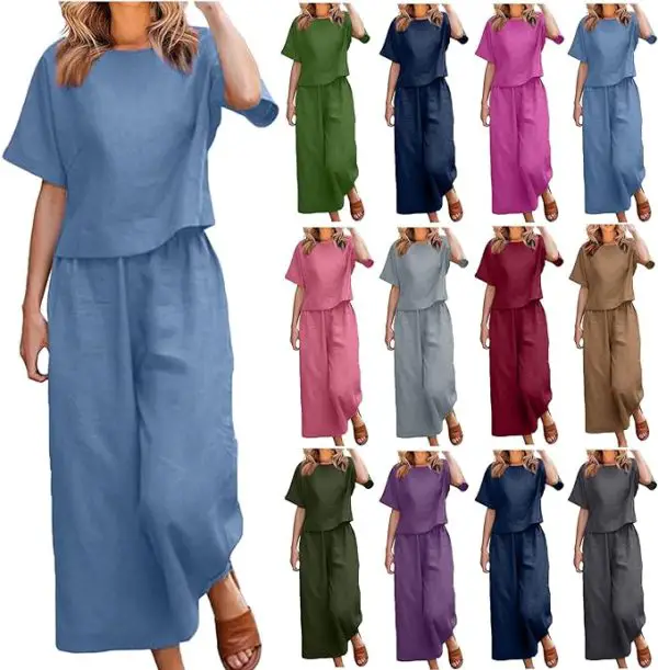 Summer Outfits for Women 2024 Trendy Two Piece Cotton Linen Sets Short Sleeve Tops Casual Matching Set with Pants