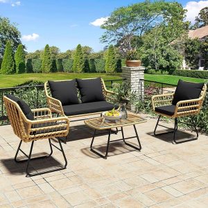 YITAHOME 4-Piece Patio Furniture Wicker Outdoor Bistro Set, All-Weather Rattan Conversation Loveseat Chairs for Backyard, Balcony and Deck with Soft Cushions and Metal Table (Light Brown+Black)